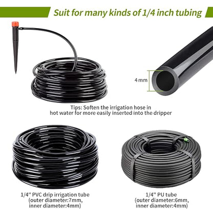 100 pcs Drip Emitters for 1/4" Drip Irrigation Tubing, Adjustable 360 Degree Water Flow Drippers for Drip Irrigation on 5" Arrow Stake for Garden Watering System Flower Plant