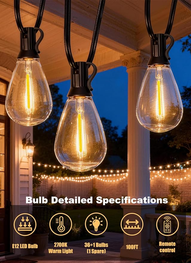 100FT Outdoor String Lights Waterproof, 36+1 Shatterproof S11 LED Bulbs, Extra Long Patio Lights for Outside, Bistro Cafe Decor, Backyard Garden Hanging Lights, Outside Fence Light String