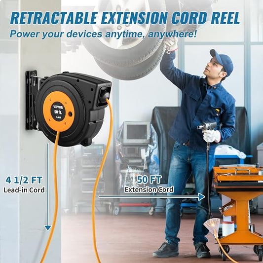 VEVOR Retractable Hose Reel, 65 ft x 5/8 inch, 180° Swivel Bracket Wall-Mounted & Retractable Extension Reel, 50 FT Heavy Duty 14AWG/3C SJTOW Power Cord
