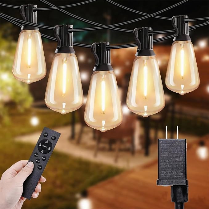 SANBEN Outdoor String Lights-50ft 25+1 ST38 Bulbs Patio Lights with Remote | Dimmable & Timer, IP65 Waterproof & Shatterproof, 24V Low-Voltage LED Lights for Outside Deck Garden Backyard Porch Party