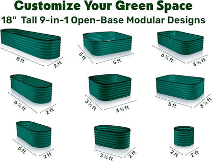 9-in-1 Galvanized Steel Raised Garden Bed // 8×2×1.5 ft Modular Planter for Gardening, Vegetables, Flowers // 18" Tall Metal Raised Garden Beds Outdoor (Dark Green) // Patented Design Planter Box