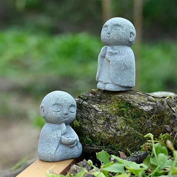 livelyfish Japanese Monk Statue Praying Zen Sandstone Mini Buddha Statues Asian Garden Sculptures for Wealth Good Luck Feng Shui Home Decor, H