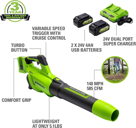 Greenworks 48V Brushless Cordless Axial Blower (585 CFM / 140 MPH) with GK0A00 Universal Gutter Kit