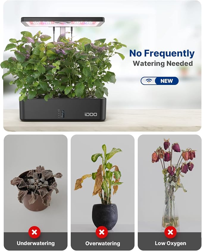 iDOO Hydroponics Growing System Kit 12Pods, Christmas Gifts for Women Mom, Herb Garden Indoor with LED Grow Light for Home, Built-in Fan, Auto-Timer, Adjustable Height Up to 11.3", 12Pods WiFi-Black