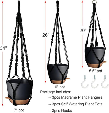 Bouqlife 3 Pack Self Watering Hanging Planters Macrame Plant Hangers with Indoor Flower Pots, 3 Different Size Hanging Basket, Plant Hanger with Hooks for Garden Home Decor Black