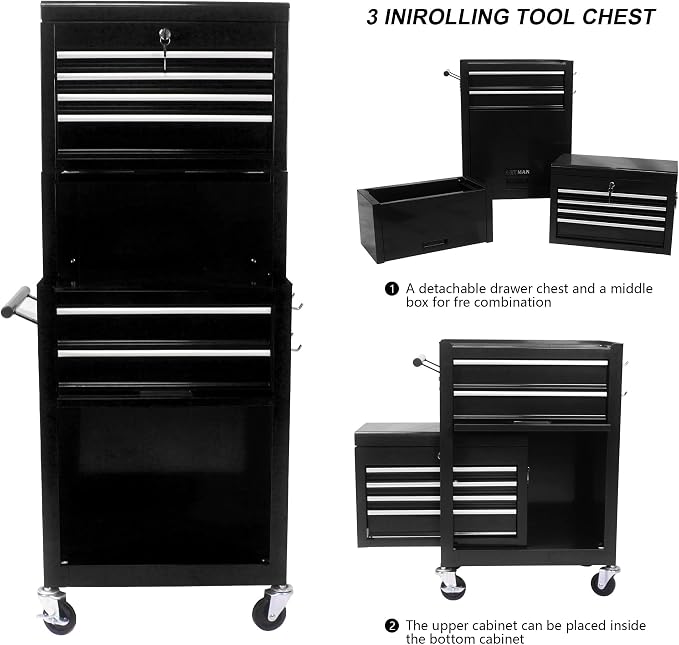 6-Drawer Tool Chest, Detachable Top for Garage, Black 3Set | Rolling Mobile Storage Cabinet Organizer with Lockable Wheels for Workshop Utility, Heavy Duty Metal Construction