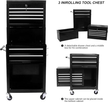 6-Drawer Tool Chest, Detachable Top for Garage, Black 3Set | Rolling Mobile Storage Cabinet Organizer with Lockable Wheels for Workshop Utility, Heavy Duty Metal Construction