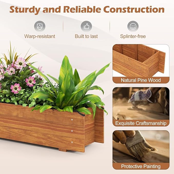 LDAILY Raised Garden Bed, 44" x 11" x 10" Wooden Planter Boxes with Removable Bottom & 4 Drainage Holes, Rectangle Flower Bed Outdoor, Wood Raised Beds for Garden Vegetable Herb