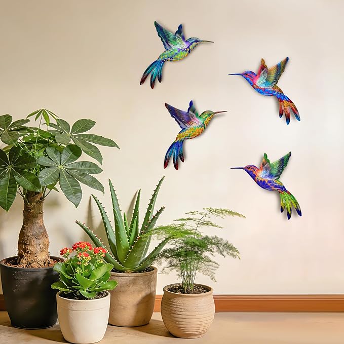 4 Pack Metal Hummingbird Wall Art Decor - 3D Colorful Birds Outdoor Wall Art,Hanging Decoration for Patio, Garden, Balcony and Fence (D)
