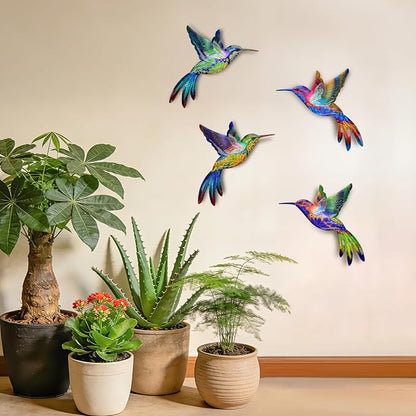 4 Pack Metal Hummingbird Wall Art Decor - 3D Colorful Birds Outdoor Wall Art,Hanging Decoration for Patio, Garden, Balcony and Fence (D)