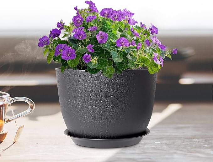 Meowell 12 inch Large Plant Pots, Plastic Planters with Drainage Holes and Saucers, Flower Pots for Indoor Outdoor Plants, Modern Decorative Pots for Garden House Plants, Black