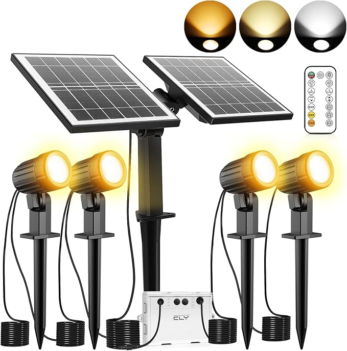 CLY 4 in 1 Solar Landscape Spotlights Outdoor 2700-6500K Dusk to Dawn | IP66 Waterproof, Remote Control 2Modes 3Brightness Adjustable 2700-6500K Auto On/Off 14M Cable for Garden Pathway Trees Flag