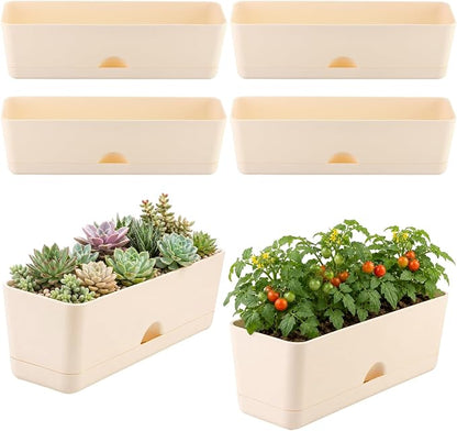 6 Pack Rectangle Planter 16x4.4 Inch Window Boxes Planters Rectangular Large Window Sill Planters Indoor Self Watering Plant Pots with Drainage Holes and Saucers Succulent Herb Flower Pots, Beige