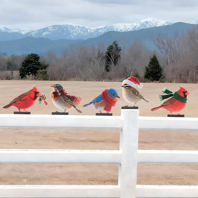HUYIENO 5PCS Vibrant Metal Bird Decorations Christmas Fence Decor Colorful Garden Birds for Fences, Patio & Outdoor Decor for Christmas Ornament