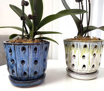 Orchid Pots 4.9 inch Round Ceramic Orchid Pots with Holes Set of 2 (SkyBlue+White with Lemon Green)