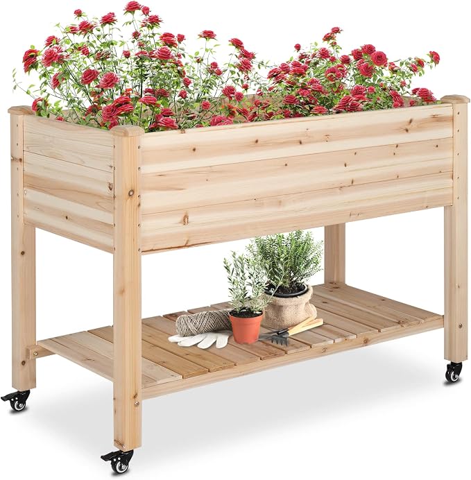 VINGLI 45.7"x22.4"x32.4" Elevated Raised Garden Bed Outdoor, Heavy Duty Wood Planter Box with Legs, Bed Liner Included, for Vegetables, Fruits, Sturdy Long Lasting Planter Box (Nuture - with Wheel)