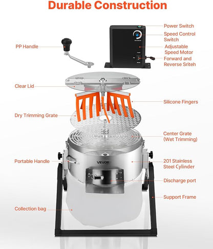 VEVOR Electric Bud Leaf Trimmer, 2-in-1 Manual & Electric, 16 in Bud Trimmer with Sharp Stainless Steel Blades, Bracket Type Wet Dry Hydroponic Cutting Machine with Dry Grate, for Plant Buds Flowers