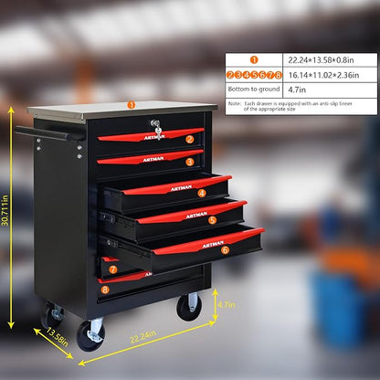 KEIKI 7 Drawers Tool Cart on Wheels,Multifunctional Rolling Tool Chest Tool Storage,Drawers Rolling Tool Trolley Organizer Tool Case for Garage, Warehouse, Workshop, Repair Shop (Black)