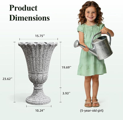 23.6" Tall Plastic Urn Planters for Outdoor Plants with Drainage Holes & Petal Design, Set of 2 Sturdy Base Classic Indoor Large Flower Pots, Outdoor Planters for Porch/Home/Garden, Slate Gray