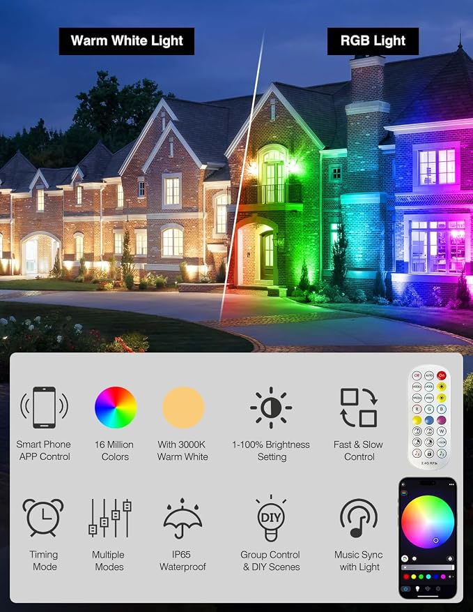 Spot Lights Outdoor, Smart RGBW LED Color Changing Landscape Lights with APP and Remote Control, Music Mode, DIY Scenes, Timing, IP65 Waterproof Spotlights Plug in for Yard Garden, 2 Pack