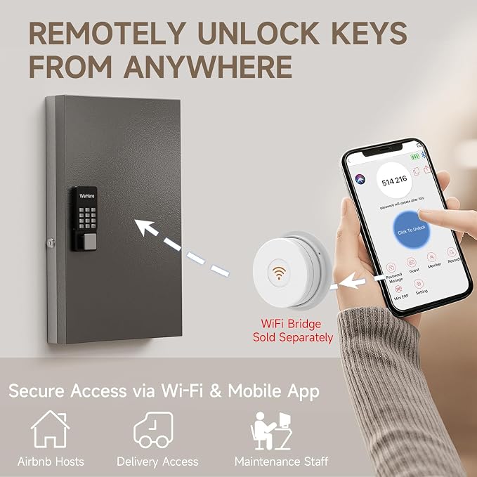 WeHere 72-Key Smart Key Lock Box, Wall-Mount Key Cabinet with Key Management App(Track Key Borrow/Return), Keypad, Bluetooth & WiFi Unlock (Sold Separately) for Commercial, School, Rental, Office