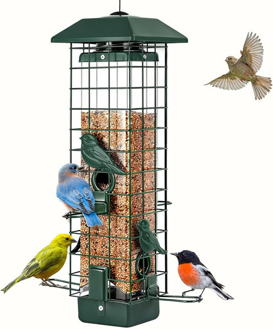 Gbekery Squirrel Proof Bird Feeder, Metal Mesh Feeders for Outdoors Hanging, Gravity Protection Wild Bird Feeders for Finch Chickadee, Weather Resistant, 3LB Large Capacity, Green