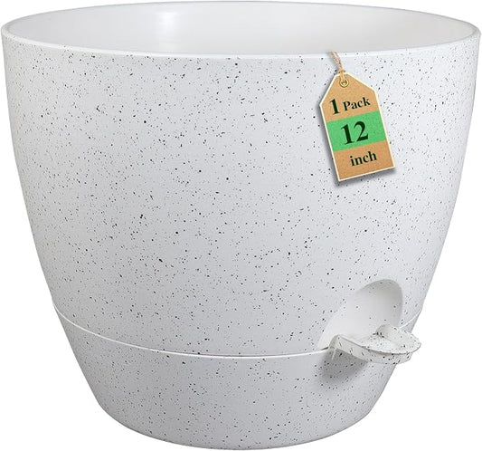 WSMKSZ 12 inch Large Self Watering Pots, Planter, Plant Pots with Multi Mesh Drainage Holes for Indoor Outdoor House Plants and Garden, Plastic Flower Pots with Deep Reservoir, Speckled White