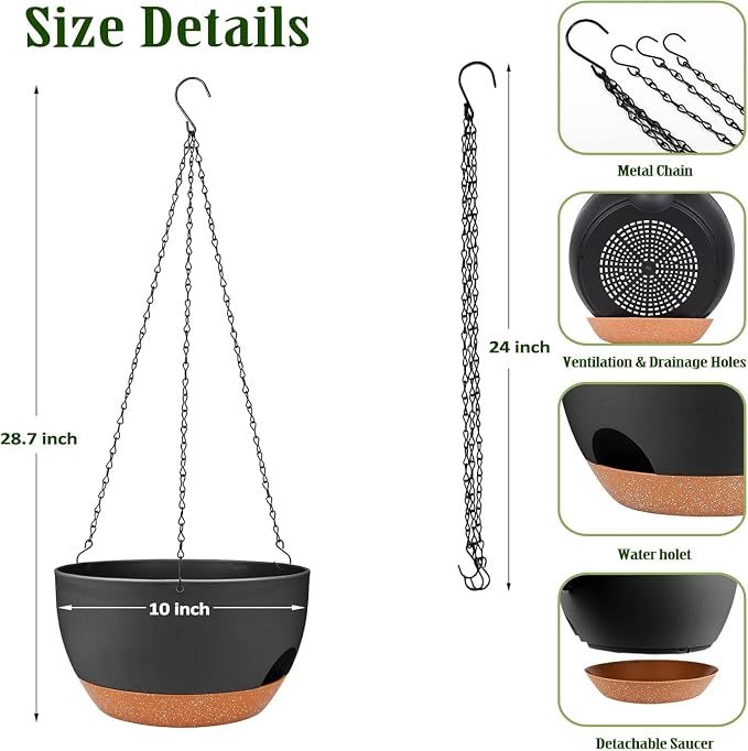 Hanging Planters for Outdoor Indoor Plants, 2 Pack 10 Inch Hanging Basket Plants Outdoor, Self Watering Hanging Planter with Plant Hanger for Garden Home Decoration (Black, 10 inch)