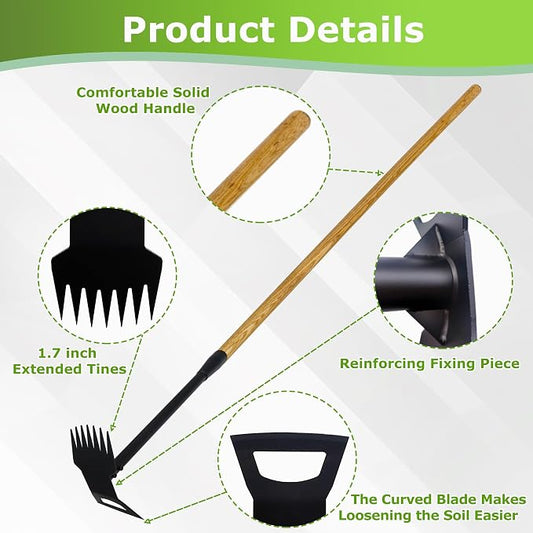 60" Wooden Handle 2 in 1 Uprooting Tool,7-Tine Garden Hoe for Weeding,Weed Remover for Yard,Sidewalks,Driveways,and Areas Around Residential Entrance Fences(7-Tooth Wooden Handle)