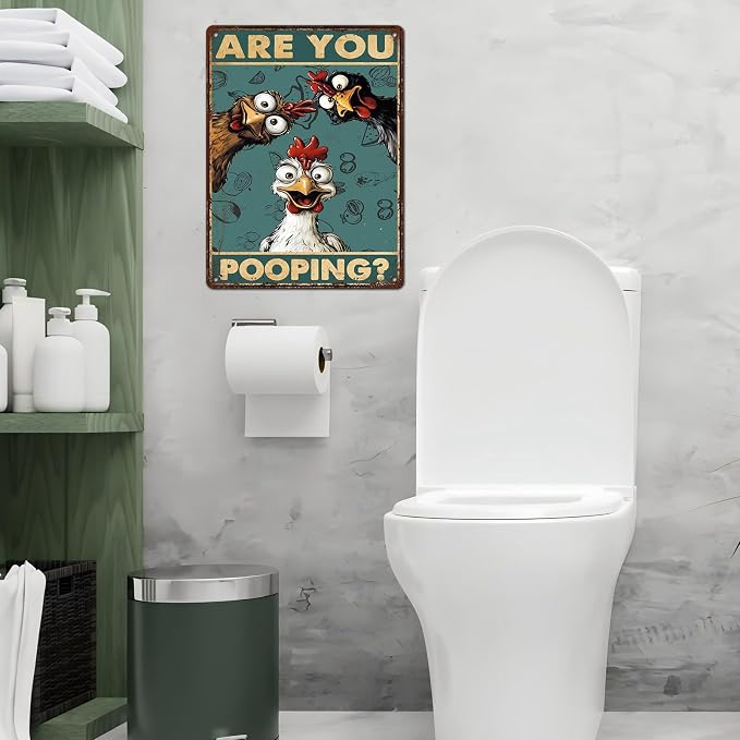 Vintage Chicken Tin Sign Are You Pooping Retro Bathroom Metal Poster Funny Wall Art Toilet Man Cave Bar Cafe Indoor Room Garage Store Office Farmhouse 12 * 16inch
