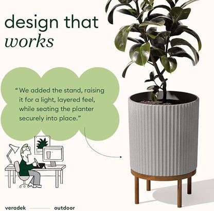 Veradek Demi Series Round Planter w/Stand for Porch/Patio | Durable Plastic-Stone Composite & Wooden Stand | Modern Décor for Tall Plants, Flowers