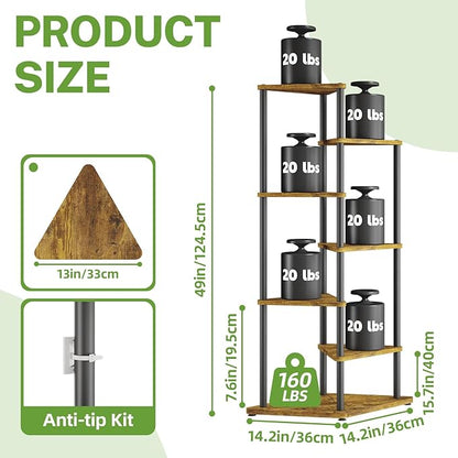iDavosic.ly Tall Plant Stand Indoor for Large & Heavy Duty Planters, 6 Tier Corner Flower Shelf with Wooden Trays & Metal Frame, 49 Inch Orchid Rack for Living Room Balcony Porch, Black & Brown