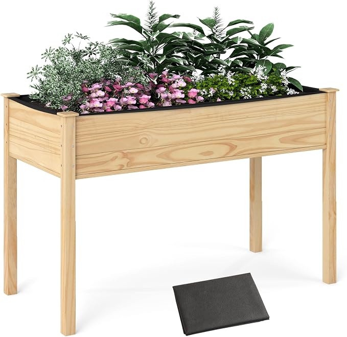 S AFSTAR Wooden Raised Garden Bed with Legs, Planter Box with Liner & Drainage Holes for Vegetable Flower Herb, Indoor Outdoor Elevated Gardening Box for Backyard Patio Balcony