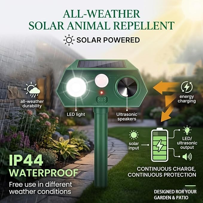 4Pack Solar Animal Repeller Outdoor,Waterproof Sonic Fortress Pro Deer Repellent Devices,Cat Repellent with Red&Blue Flash Lights to Scare Rabbit Raccoon Squirrel