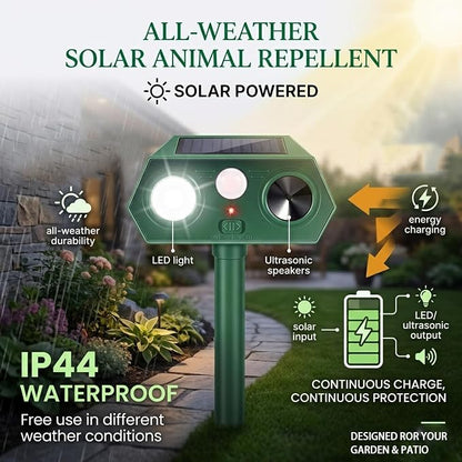 4Pack Solar Animal Repeller Outdoor,Waterproof Sonic Fortress Pro Deer Repellent Devices,Cat Repellent with Red&Blue Flash Lights to Scare Rabbit Raccoon Squirrel