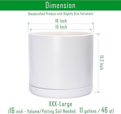 D'vine Dev 16 Inch Ceramic Planter Pot with Drainage Hole and Saucer, Indoor Cylinder Round Planter Pot, White, 94-O-H-1