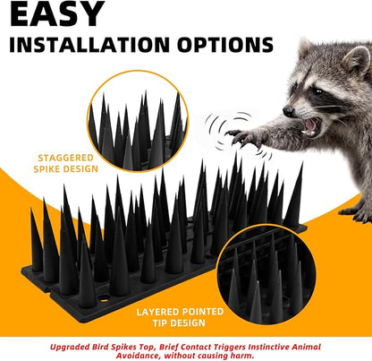 Bird Spikes, 24 Pack, 33.5 FT Total Coverage, Outdoor Bird Deterrent for Pigeons and Small Birds, Helps Keep Cats and Squirrels Away, Plastic Spikes for Fences, Railings and Roofs, Black