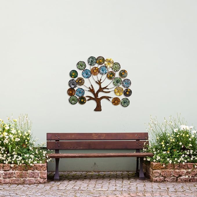 dreamskip Metal Wall Art Modern Large Tree of Life Wall Art with Multi Colored Leaves Handcrafted Outdoor Wall Decor Wall Sculpture for Living Room, Bedroom, Home, Garden (24.5 Inches)