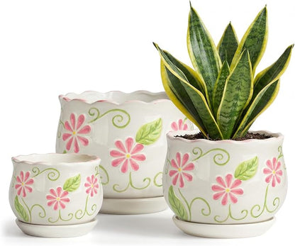 STHIE Pink Ceramic Flower Pots, 4"+5.2"+6.6" Inch Small Flower Pots for Indoor Plant with Drainage Hole,Modern Decorative Plant Pots Set of 3, Indoor Planters with Saucer