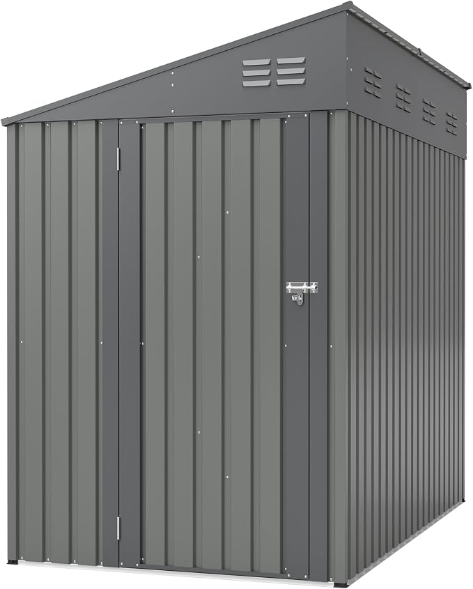 YOPTO 4x7 FT Lean to Storage Shed, Outdoor Metal Wall Side Storage Sheds with Lockable Door,Small Garden Tool Shed for Backayrd, Patio,Lawn,Easy Assembly,Gray