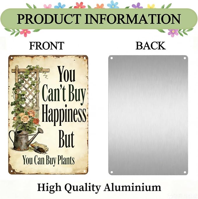 Funny Garden Metal Signs, Vintage Outdoor Wall Decor 8x12 Inch | Can't Buy Happiness But Buy Plants, Weatherproof Aluminum Sign for Patio Yard Greenhouse, Gift For Gardeners