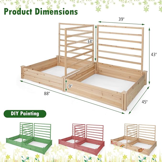 COSTWAY Raised Garden Bed with 2 Planter Boxes & 3 Trellises, Outdoor Wooden Planter Kit for Flowers, Herbs, Vegetables, Fruits & Climbing Vines, Elevated Garden Planter for Patio, 88"L x 45"W x 43"H