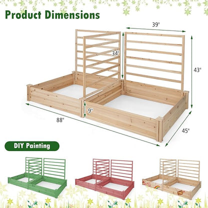 COSTWAY Raised Garden Bed with 2 Planter Boxes & 3 Trellises, Outdoor Wooden Planter Kit for Flowers, Herbs, Vegetables, Fruits & Climbing Vines, Elevated Garden Planter for Patio, 88"L x 45"W x 43"H