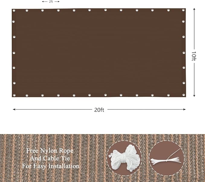 90% Outdoor Sun Shade Cloth, 10’ x 20’, Pergola, Deck, and Backyard Patio Sunshade with UV Protection, Heat Resistant HDPE Material, Reinforced Grommets (10x20 FT,Brown)