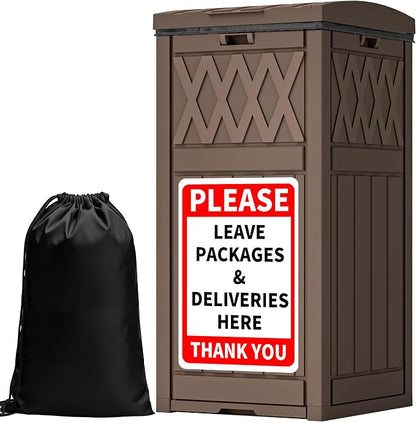 YITAHOME Package Delivery Box with Lift-Out Bag, 31 Gallon Waterproof Parcel Drop Box with Sign, Resin Porch Package Container for Curbside& Outdoor Use, Dark Brown