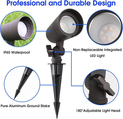 3CCT LED Landscape Lights with Connectors, 12V Low Voltage, 3000K/4000K/5000K Selectable, 3W, 200LM, Outdoor Waterproof Garden Pathway Lights Wall Tree Flag Spotlights with Spike Stand, 8 Pack