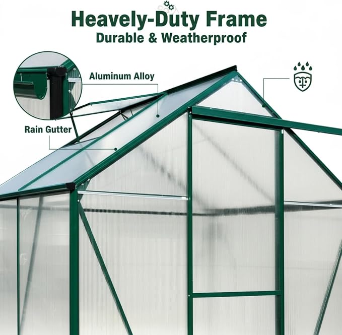 6x4 FT Greenhouse, Walk-in Polycarbonate Greenhouse, Heavy Duty Aluminum Outdoor Green House Kit with Sliding Door, Roof Vent, Rain Gutter for Backyard Garden All Season Growing, Green