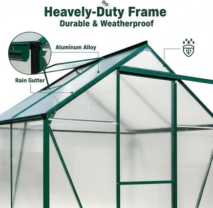 6x4 FT Greenhouse, Walk-in Polycarbonate Greenhouse, Heavy Duty Aluminum Outdoor Green House Kit with Sliding Door, Roof Vent, Rain Gutter for Backyard Garden All Season Growing, Green
