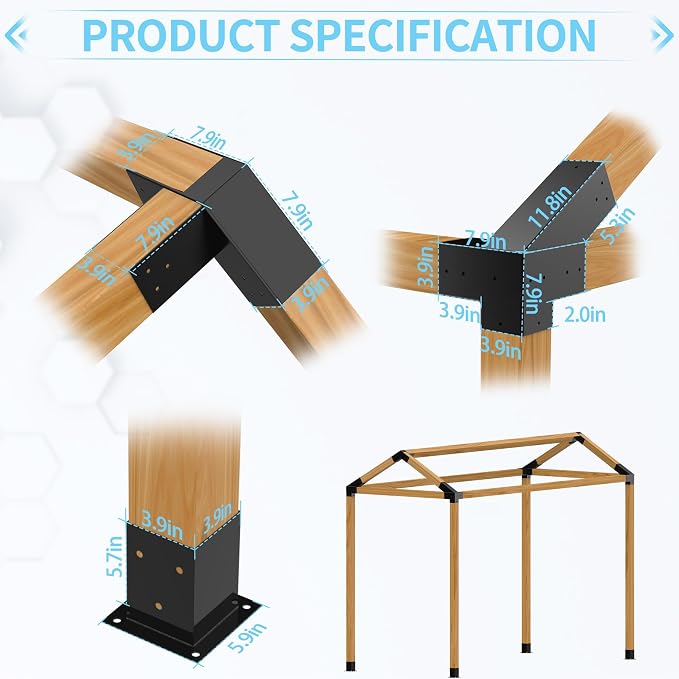 JEXALINE Pergola Kit for 4"x4" Lumber, Heavy Duty Pergola Brackets with 30° Slanted Pergola Whole-Set Kit, DIY Gazebo Kit for Outdoor Patio Backyard Garden, Fits Actual 3.6" x 3.6" Wood