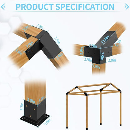 JEXALINE Pergola Kit for 4"x4" Lumber, Heavy Duty Pergola Brackets with 30° Slanted Pergola Whole-Set Kit, DIY Gazebo Kit for Outdoor Patio Backyard Garden, Fits Actual 3.6" x 3.6" Wood